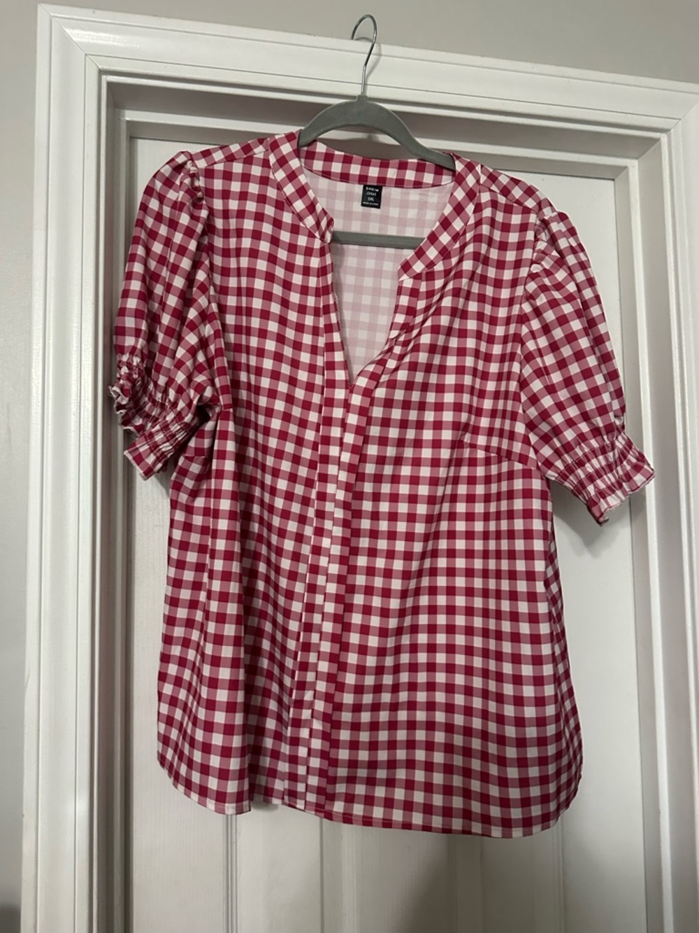 SHEIN Red & White Gingham Puff-Sleeve Blouse